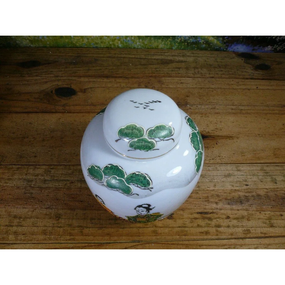 Japanese Moriage Handpainted Porcelain Ginger Jar Woman & Girl in Garden